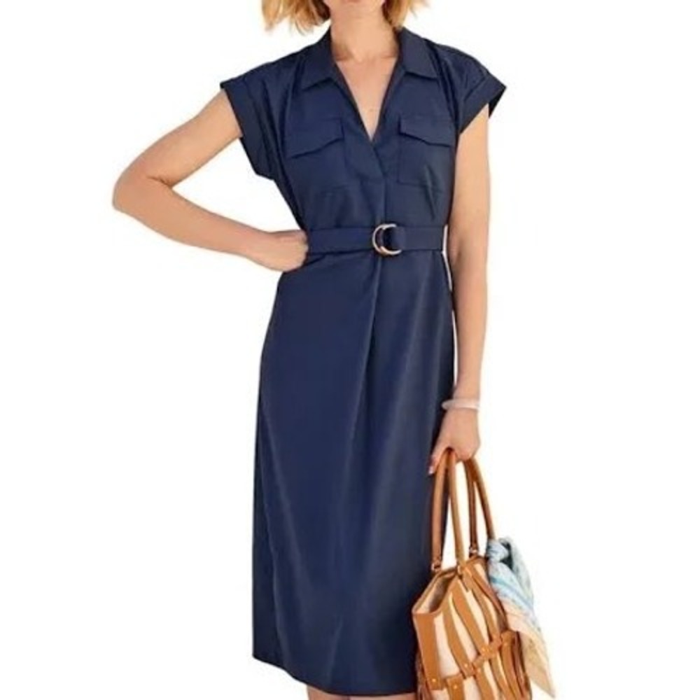 J.McLaughlin Navy Blue Belted Shirt Dress Short Sleeve Utility Pockets Small